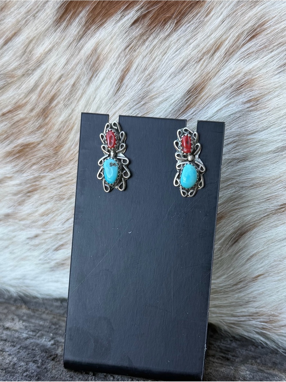 Unsigned Vintage Navajo Coral and Turquoise Stud Earrings
